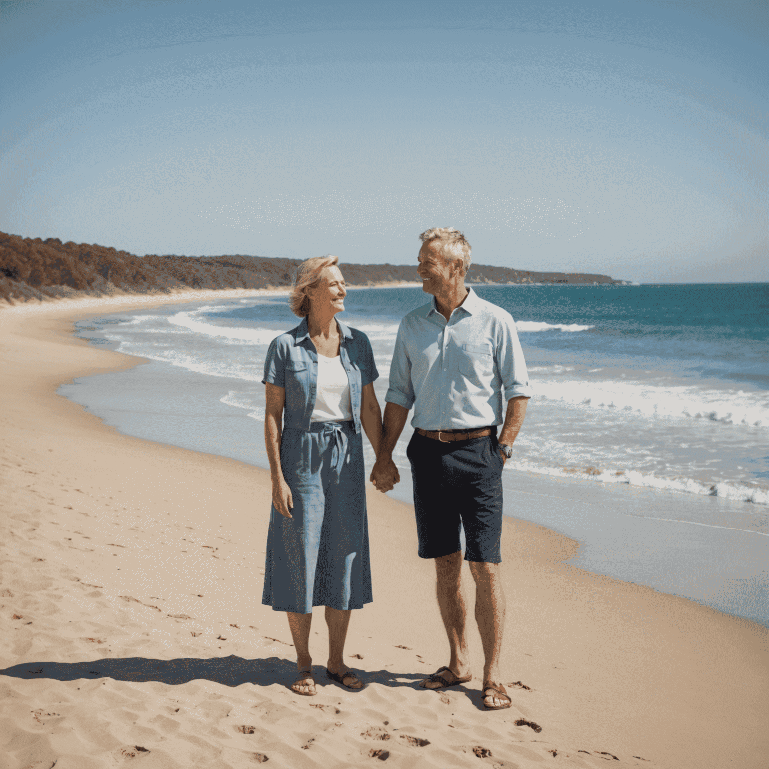 Happy Australian couple in their 40s standing on a beautiful beach, looking out at the ocean with a sense of contentment and achievement