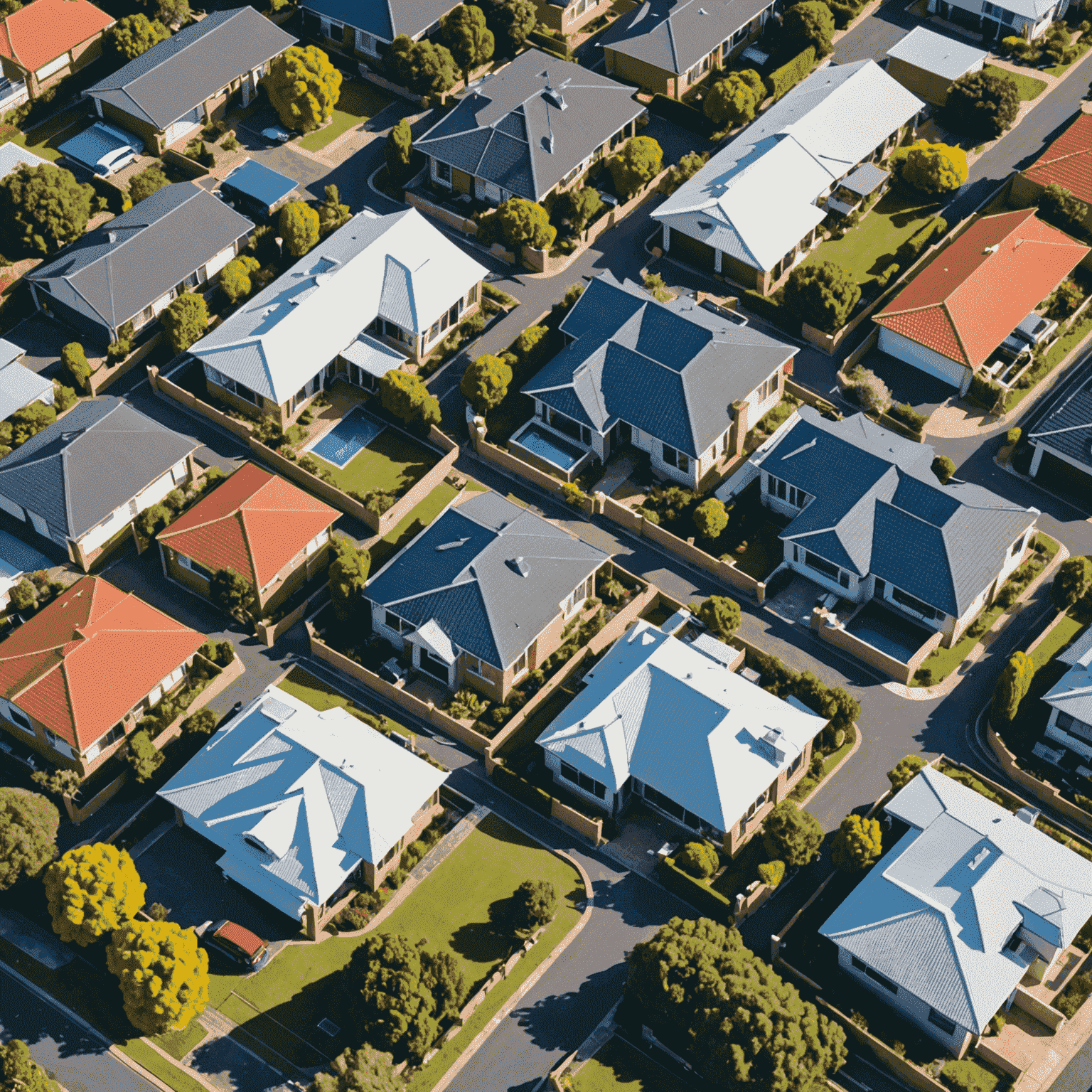 Aerial view of Australian suburban houses with a mix of traditional and modern architecture, showcasing the diverse housing market