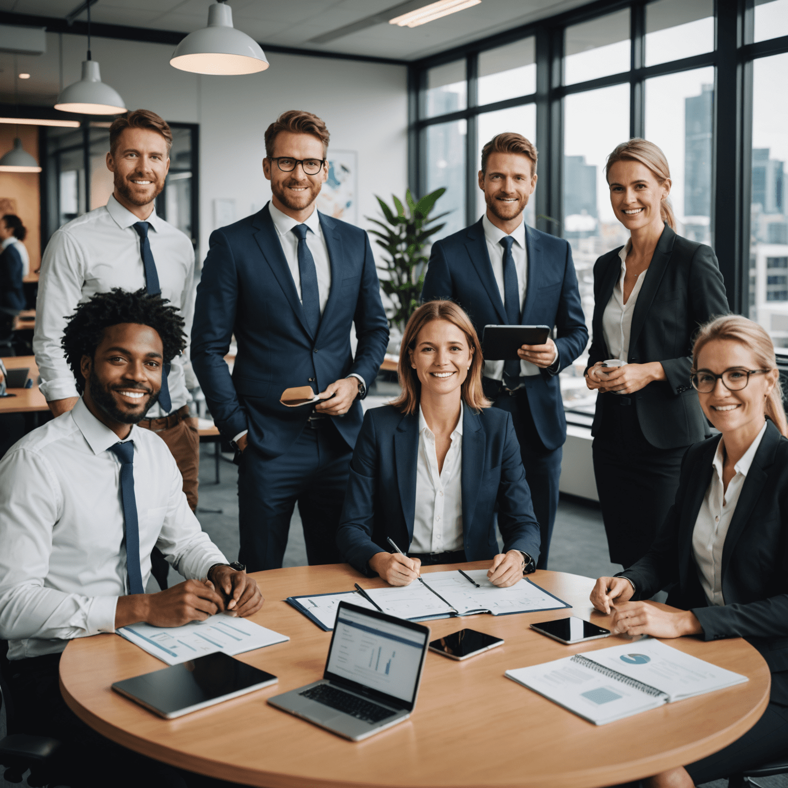 A diverse group of Australian professionals in a modern office setting, discussing job market trends and wage growth projections