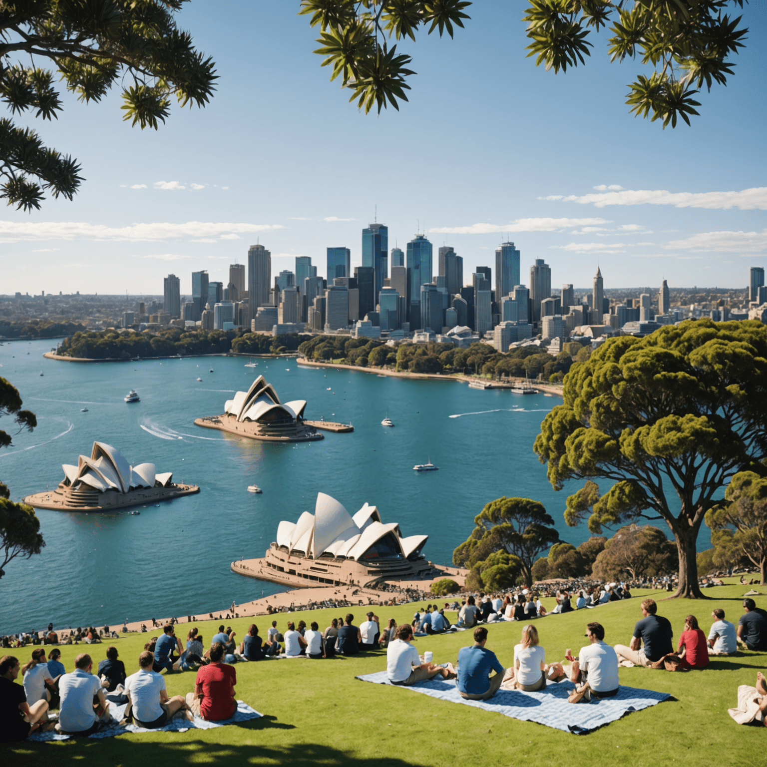 A panoramic view of Sydney's skyline with the Opera House and Harbour Bridge, juxtaposed with people enjoying a picnic in a nearby park, illustrating the work-life balance in Australian cities