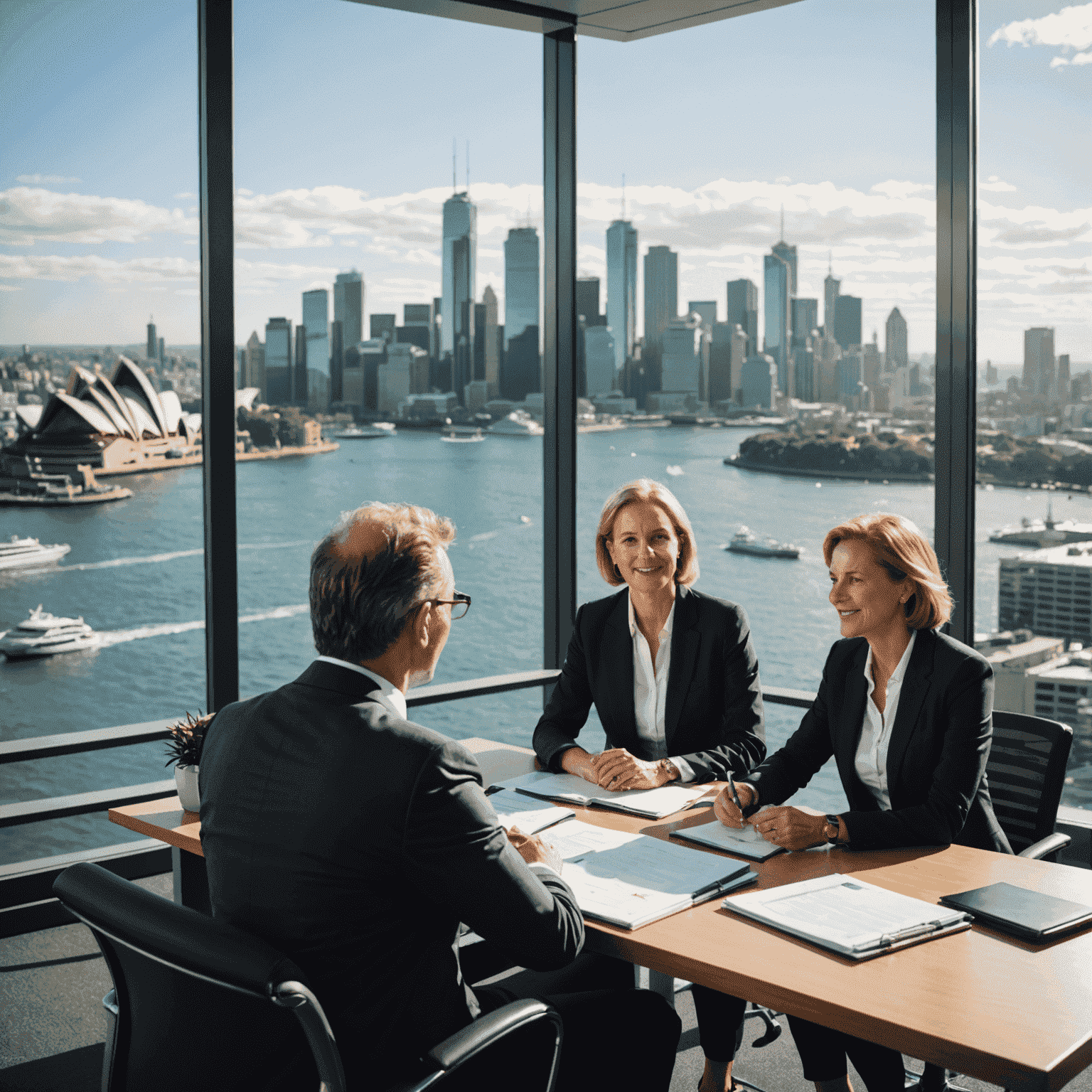 A professional financial advisor discussing a financial plan with a middle-aged Australian couple in a modern office with Sydney skyline visible through the window.