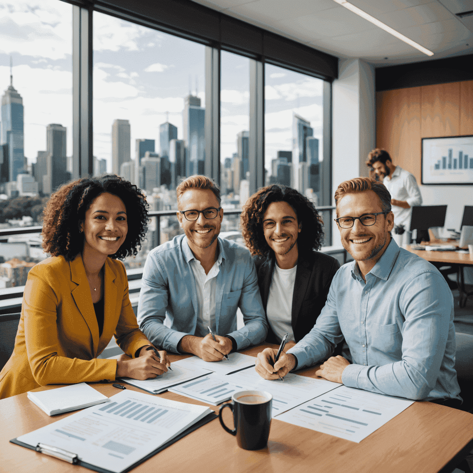A diverse group of Australians aged 35+ sitting around a table, reviewing financial documents and smiling. The scene is set in a bright, modern office with Sydney's skyline visible through large windows.