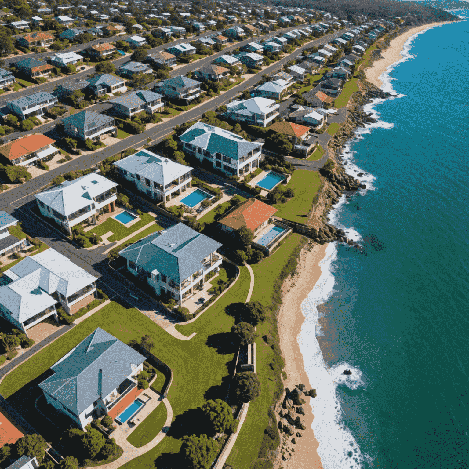 Aerial view of a beautiful Australian coastal suburb with modern houses and the ocean in the background, representing the attractive real estate market