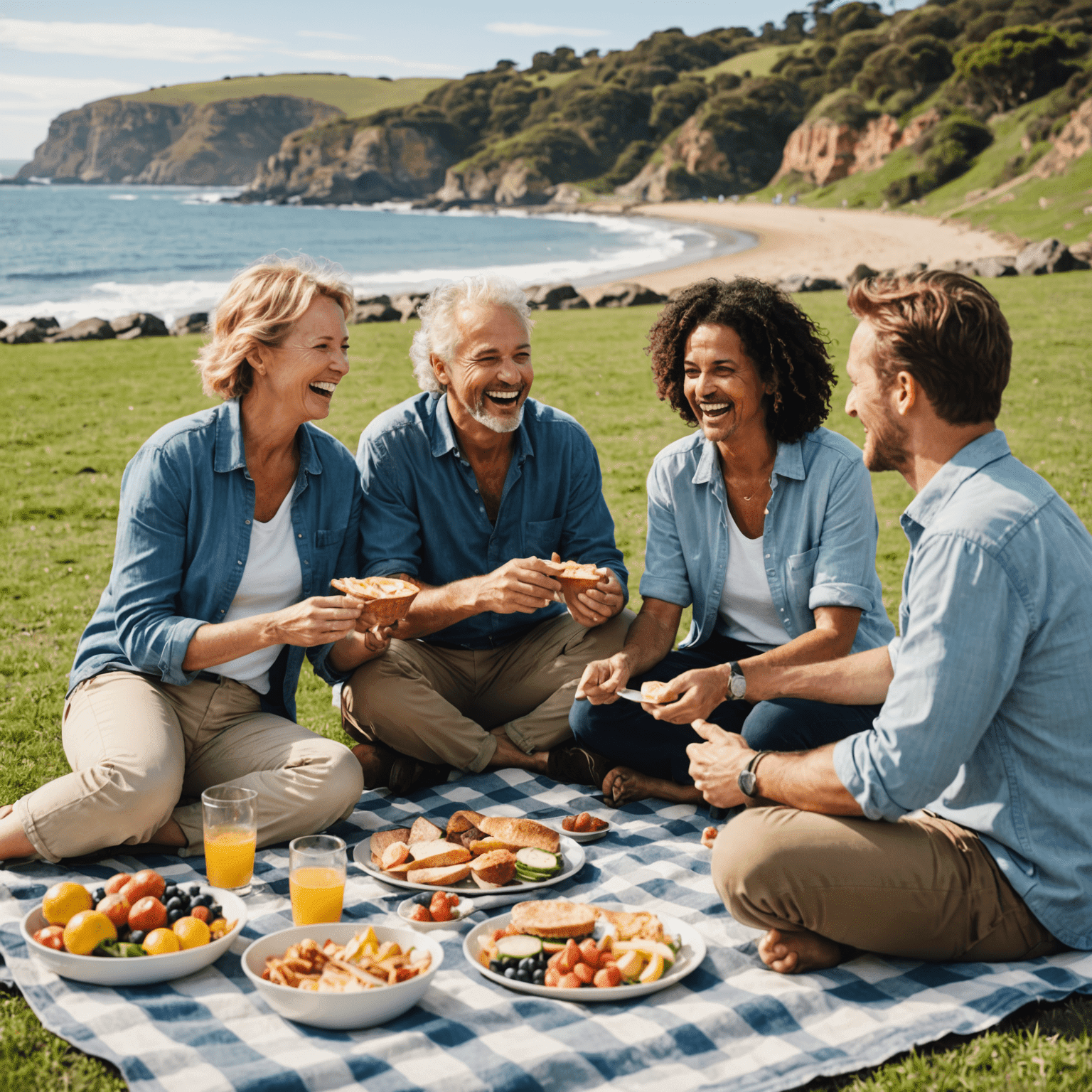A diverse group of Australians aged 35+ enjoying a picnic in a scenic coastal park, with the ocean visible in the background. They are laughing, sharing food, and playing with a frisbee, embodying the relaxed Aussie lifestyle.