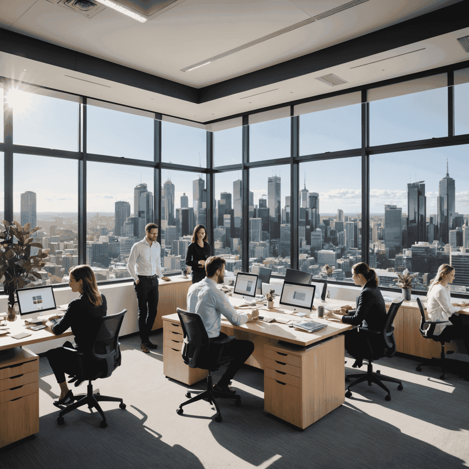 A group of diverse professionals in a modern Australian office, collaborating on a project. The image showcases a bright, open workspace with Sydney's skyline visible through large windows.