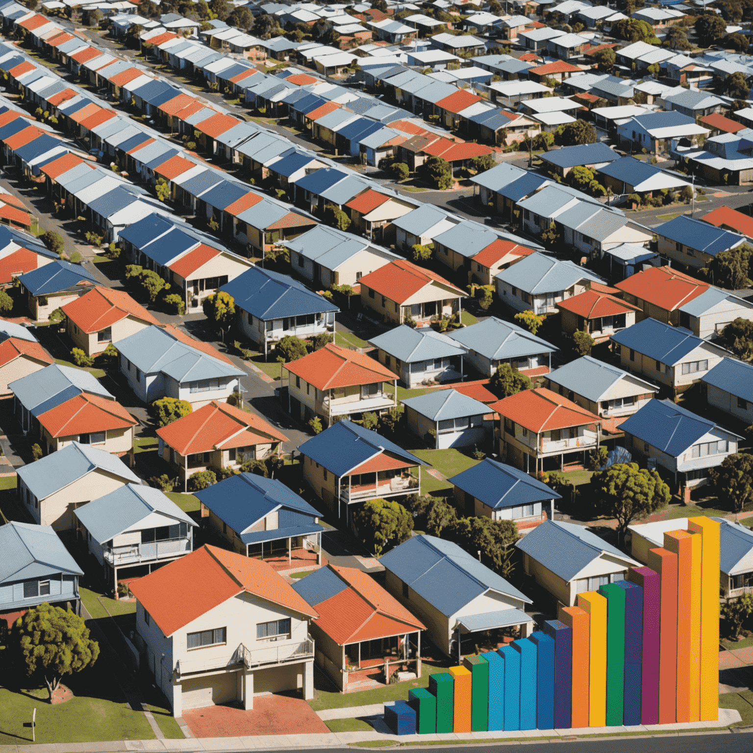 Graph showing Australian housing market trends, with colorful bars representing different cities and their price changes