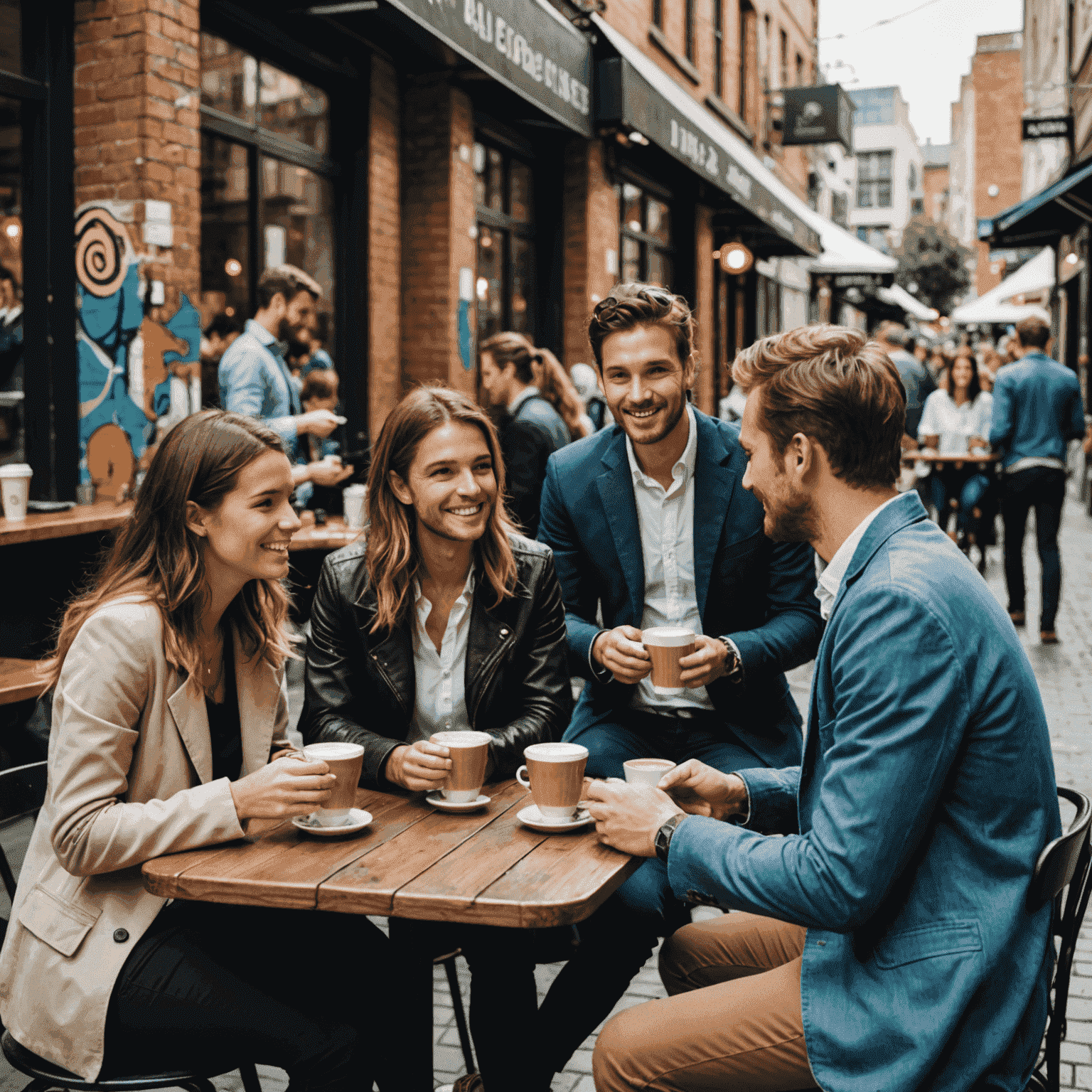 A group of young professionals enjoying coffee at an outdoor cafe in Melbourne's laneway, with street art visible in the background