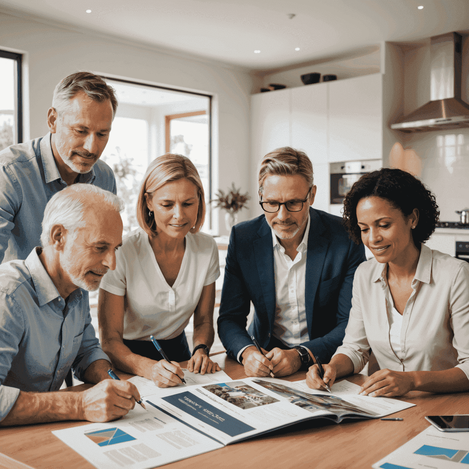 A diverse group of Australians in their 40s examining a property investment brochure, with a modern Australian home model on the table.