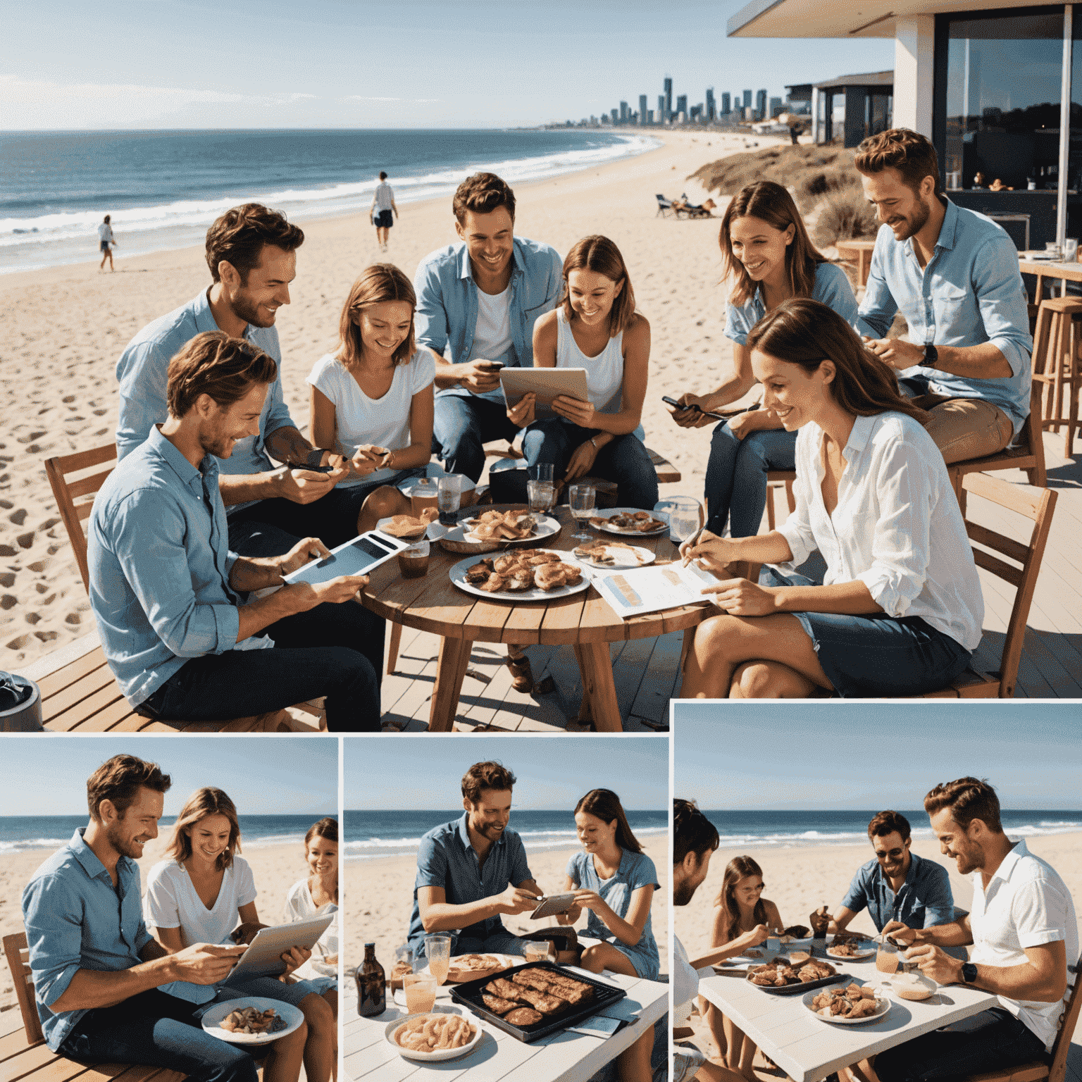 A collage of Australian lifestyle images: a family enjoying a barbecue on a sunny beach, a couple reviewing their finances on a tablet while sitting in a modern apartment with views of Melbourne, and a group of friends planning a road trip with a map of Australia spread out on a table.