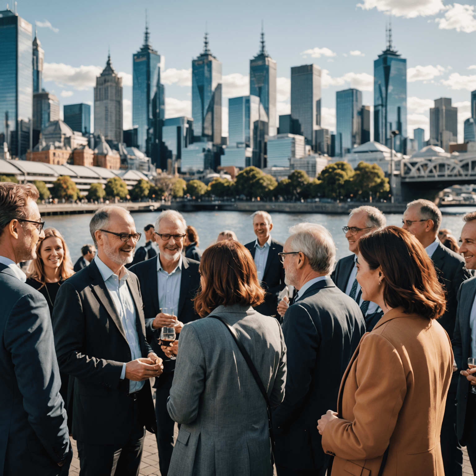 A networking event in Melbourne, showing professionals of various ages engaging in conversations. The scene depicts a warm and welcoming atmosphere with the Melbourne skyline visible in the background.