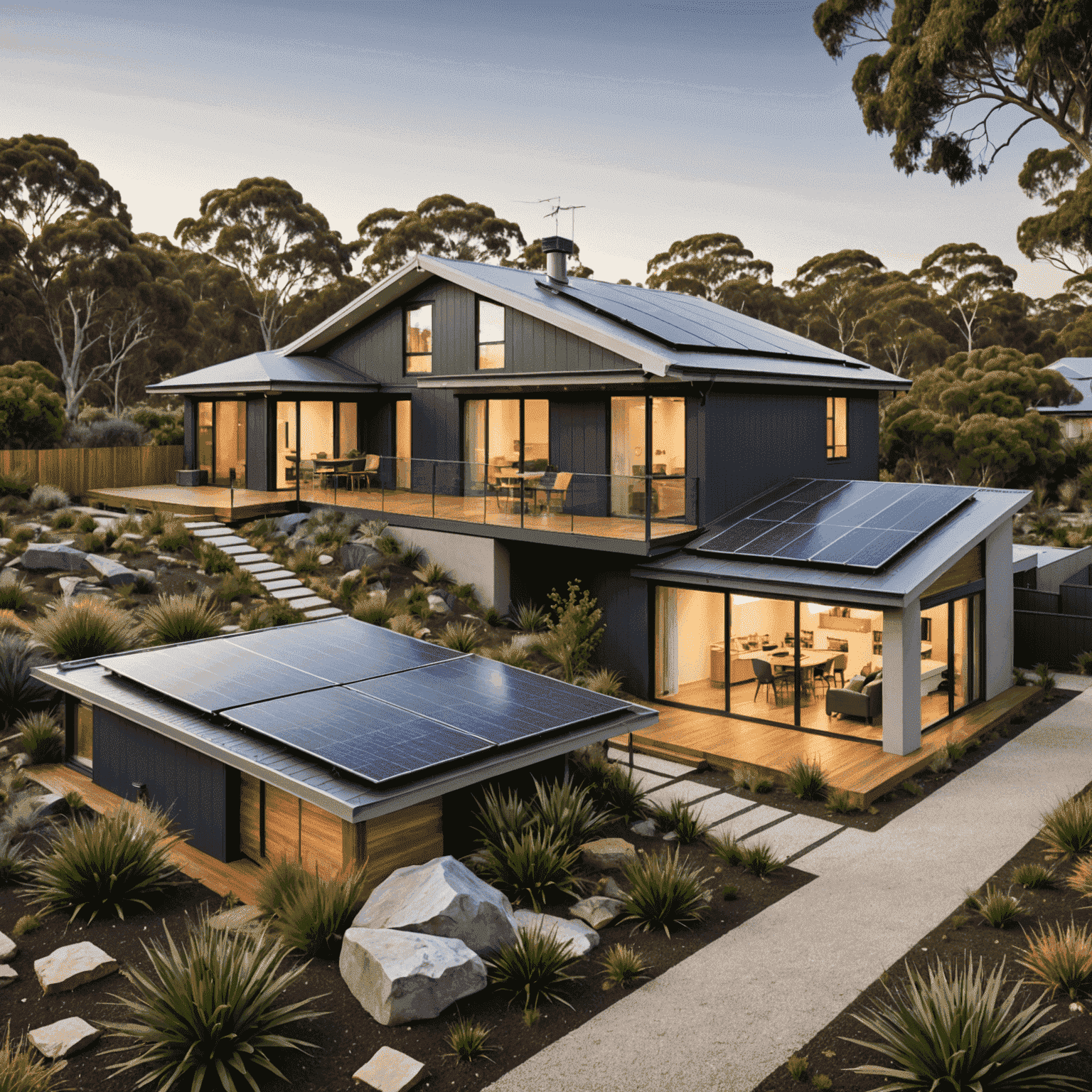 Modern Australian home with solar panels, rainwater collection system, and native landscaping, exemplifying the trend towards sustainable housing