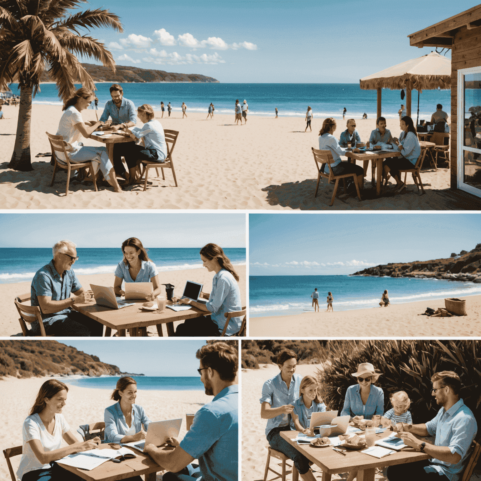 A collage of images showing Australians enjoying work-life balance: a professional working remotely from a beachside cafe, a family planning a trip, and a couple reviewing their financial goals at home