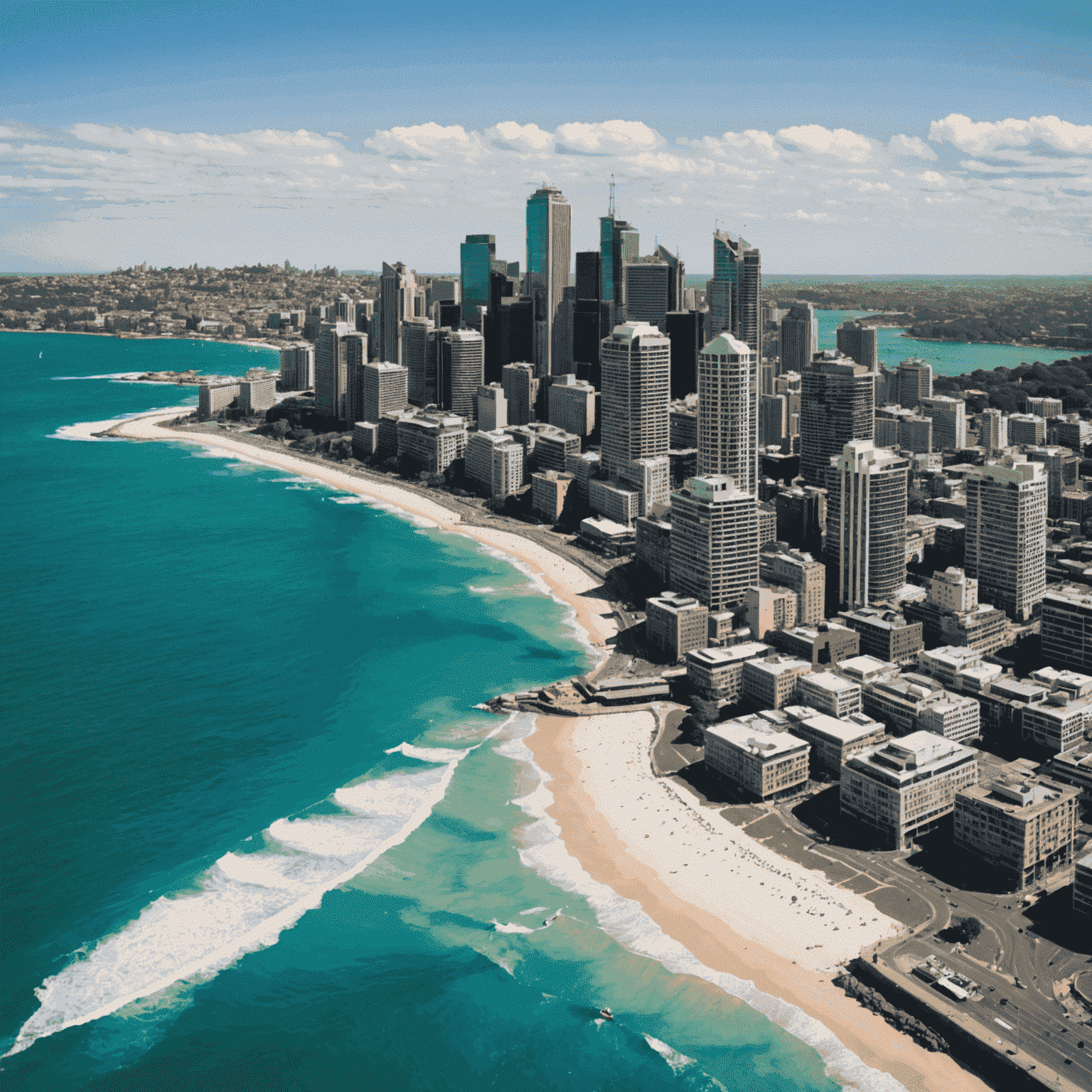 A split image showing Sydney's central business district on one side and Bondi Beach on the other, representing the work-life balance in Sydney
