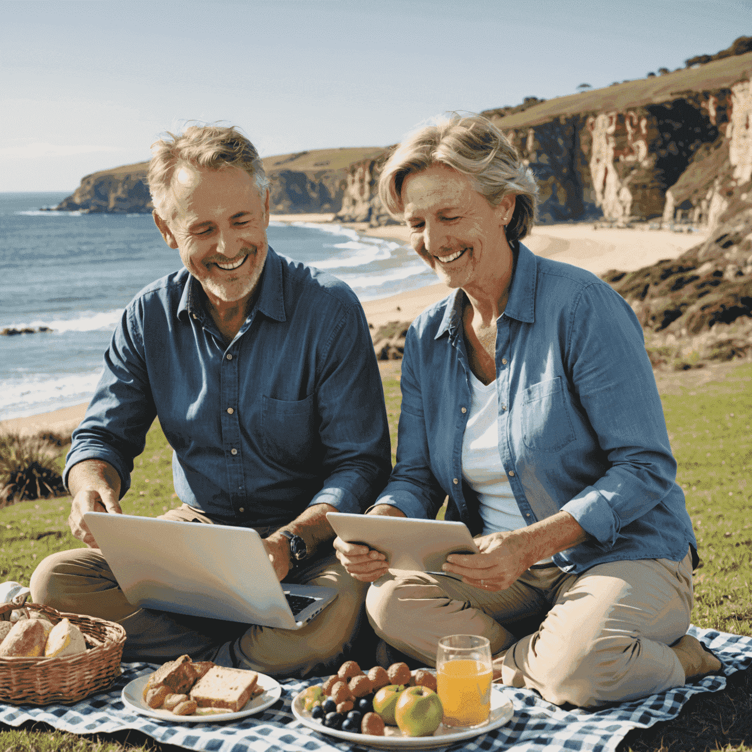 A happy Australian couple in their 50s enjoying a picnic at a scenic coastal location, with a laptop showing a lifestyle planning website.