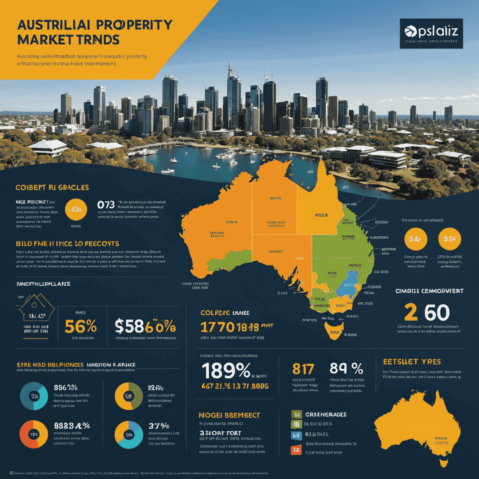 Infographic showing key Australian property market trends, including graphs of price changes, popular property types, and emerging hotspots