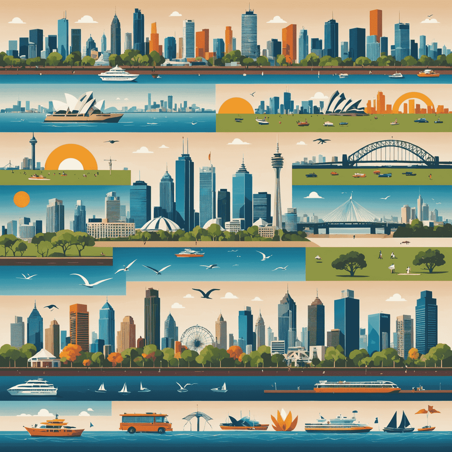 Collage of Australian city skylines with icons representing work-life balance factors such as leisure activities, nature, and office buildings