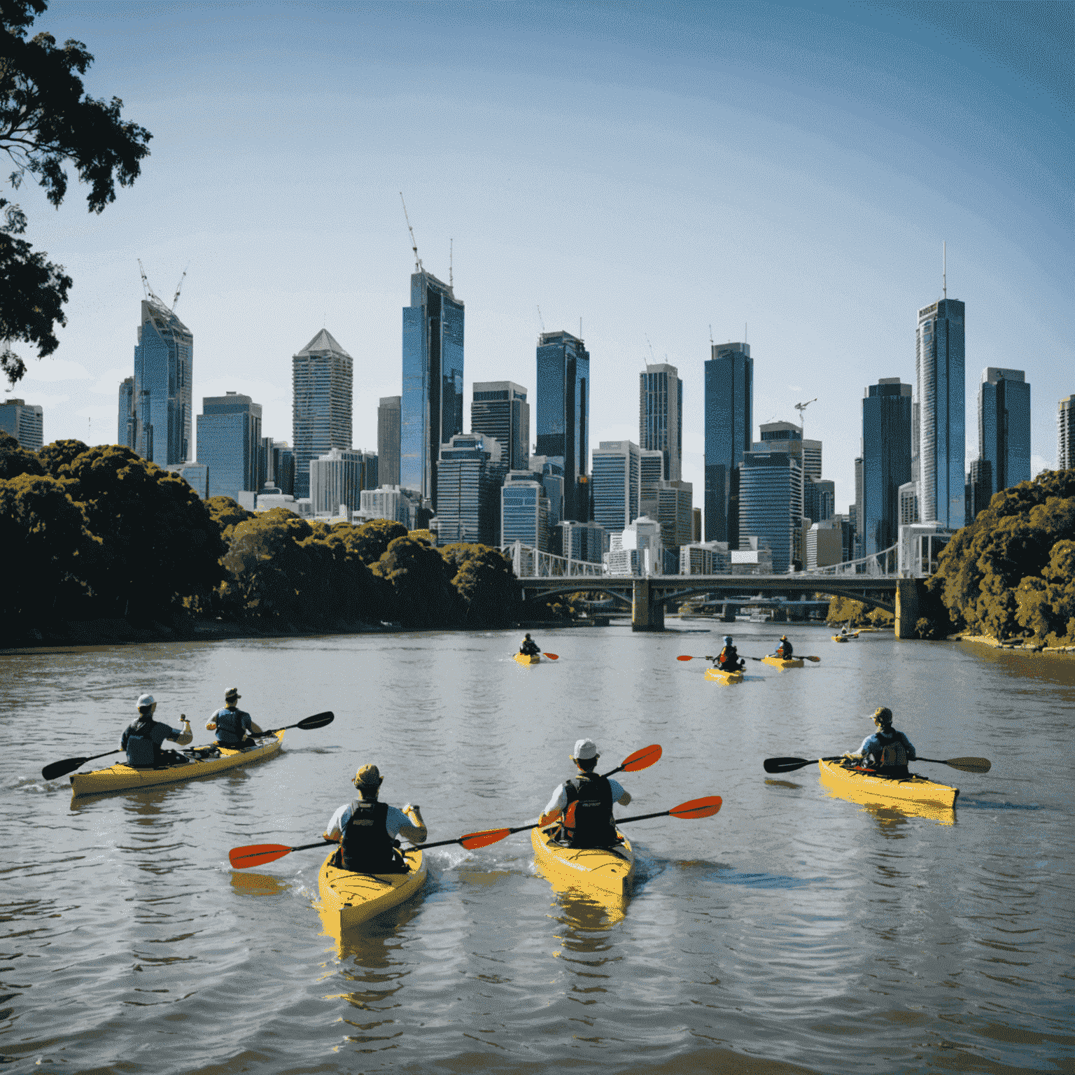 People kayaking on the Brisbane River with the city skyline in the background, showcasing the outdoor lifestyle in Brisbane