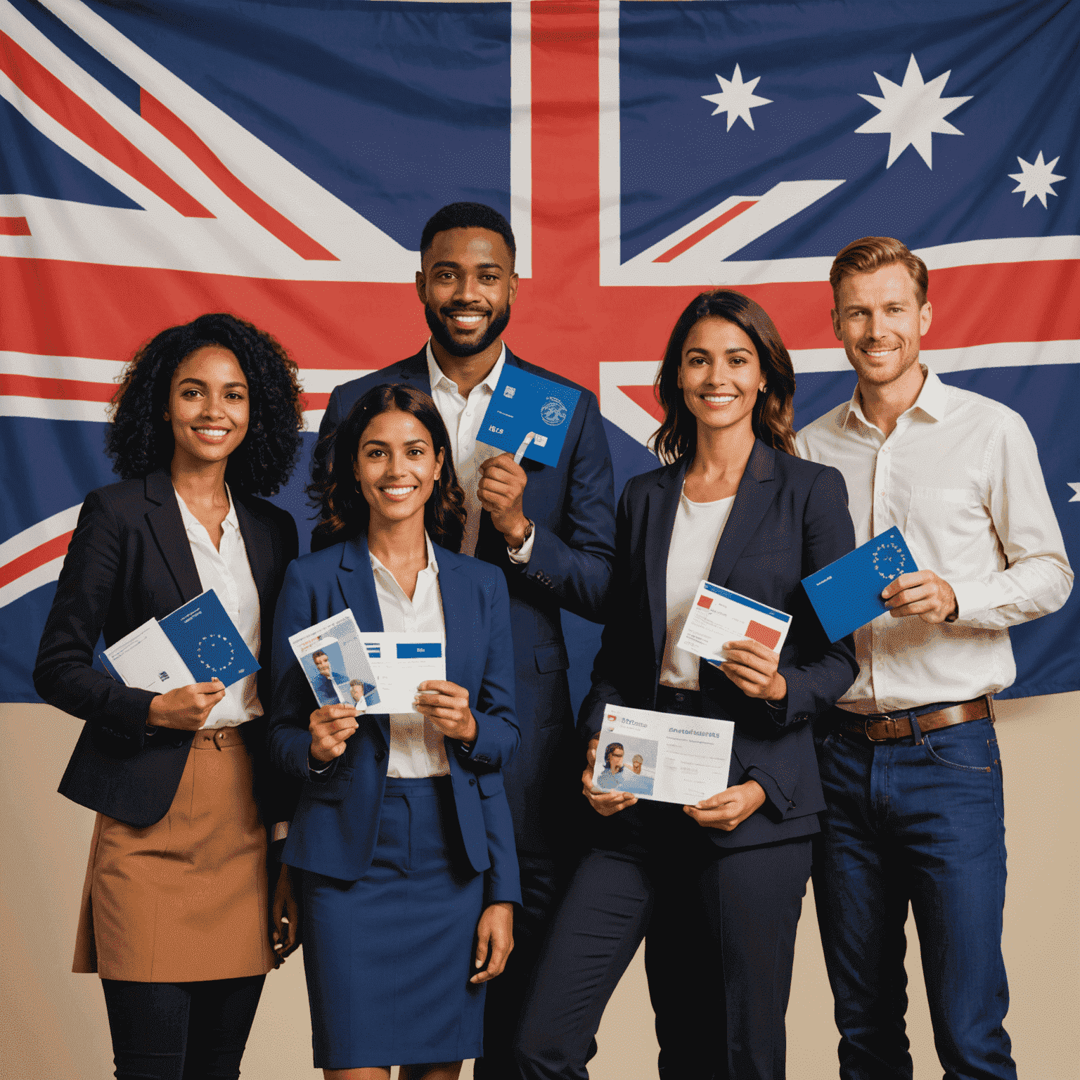 A multicultural group of people holding Australian visas and passports, standing in front of a large Australian flag.