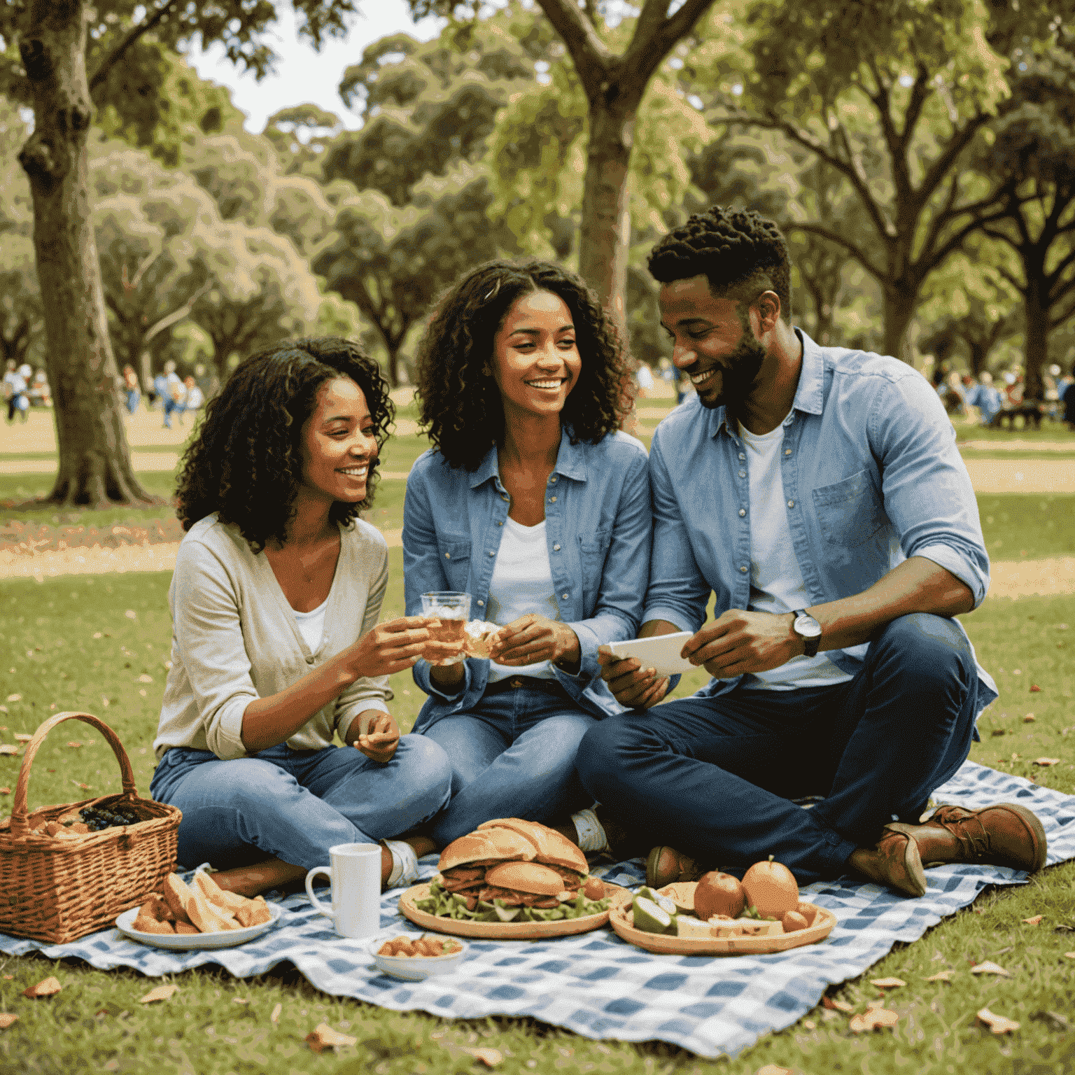 A happy multicultural family enjoying a picnic in an Australian park, representing the family reunion possibilities through Family Visas