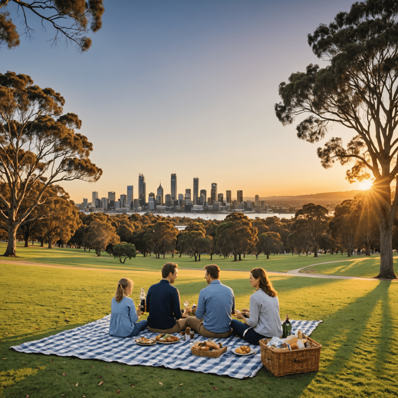 A family enjoying a sunset picnic at Kings Park with a view of Perth's skyline, illustrating the relaxed lifestyle in the city